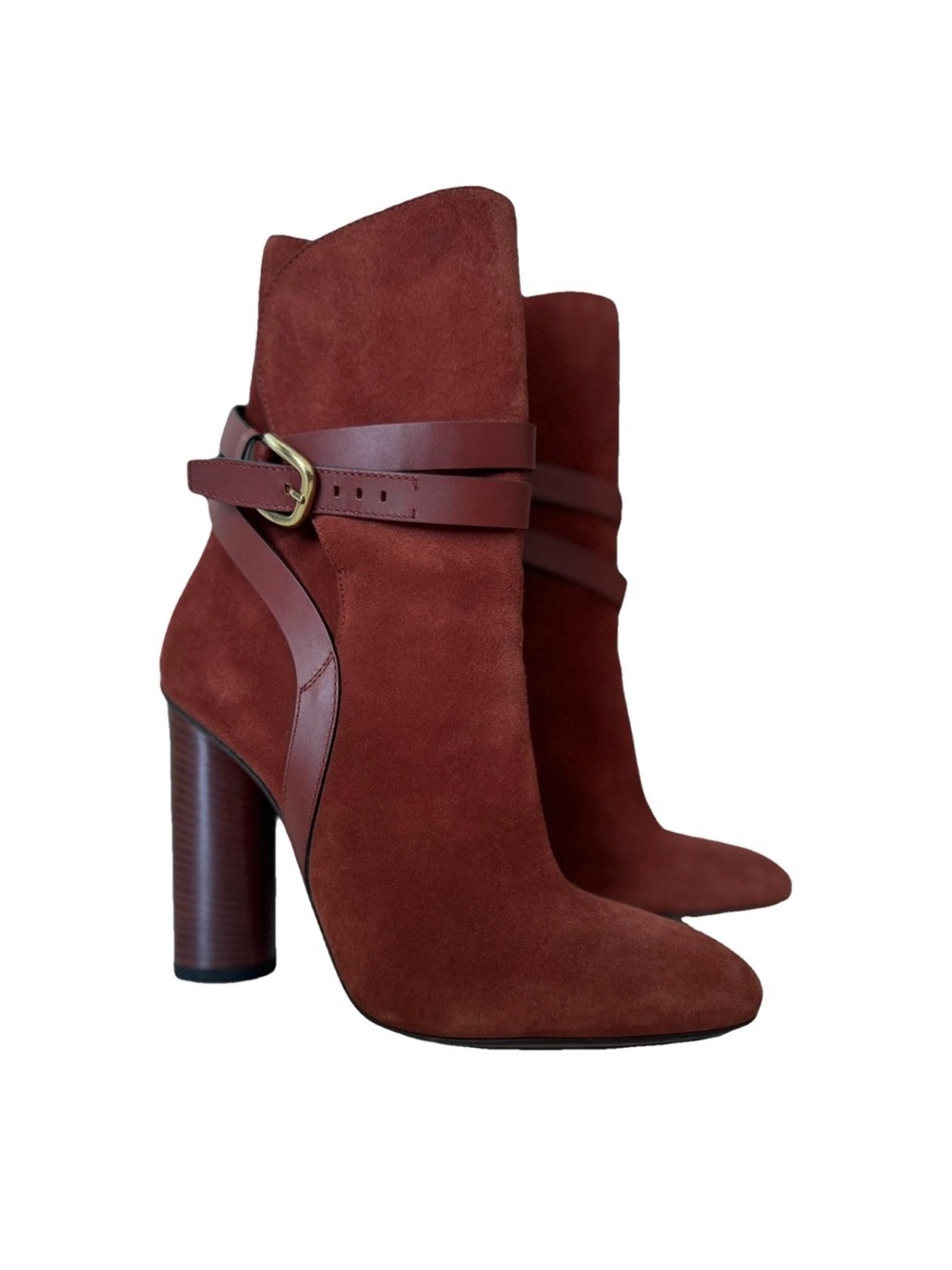Gucci Rust Suede Ankle Booties with Leather Strap & Gold Buckle